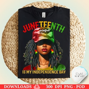 May include: Black t-shirt featuring a vibrant illustration celebrating Juneteenth. The design includes the word "Juneteenth" in red, green, and yellow, along with the year 1865. The image depicts a person wearing a cap with dreadlocks and the text "IS MY INDEPENDENCE DAY".