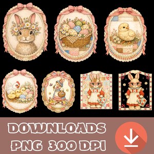 以下が含まれることがあります： イースターをテーマにしたデジタルイラストのコレクション。ウサギ、ヒヨコ、イースターエッグが、ピンクのリボンが付いた楕円形のフレームに描かれています。「DOWNLOADS PNG 300 DPI」のテキストが下にあります。