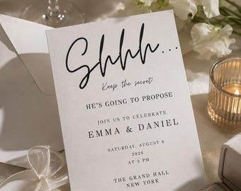 サプライズプロポーズ招待状テンプレート、彼がプロポーズする婚約パーティー招待状、Shhh Mobile Evite Canva