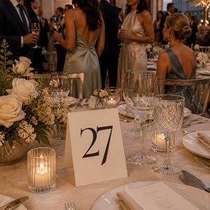 Könnte beinhalten: Elegante Tischdekoration mit weißen Rosen, Kerzen und Weingläsern. Eine Tischnummerkarte zeigt die Nummer 27. Gäste in formeller Kleidung sind im Hintergrund, was auf eine Hochzeit oder eine gehobene Veranstaltung hindeutet.