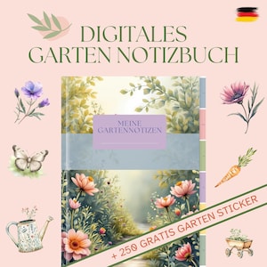 Könnte beinhalten: Ein digitales Gartennotizbuch mit floralem Design. Das Cover zeigt ein Aquarellgemälde eines Gartenpfads mit rosa Blumen. Der Text "DIGITALES GARTEN NOTIZBUCH" steht oben, mit "+ 250 GRATIS GARTEN STICKER" unten.