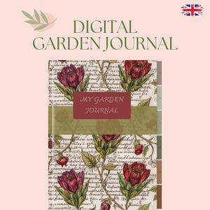 Könnte beinhalten: Ein digitales Gartenjournal mit floralem Design. Das Cover zeigt ein weinrotes Rechteck mit dem Text "MY GARDEN JOURNAL". Das Journal hat einen hellrosa Hintergrund mit den Worten "DIGITAL GARDEN JOURNAL" oben. Das Design umfasst Blumen und handschriftliche Schrift.