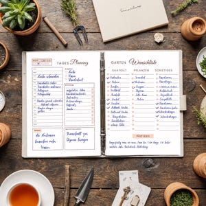 Puede incluir: Un planificador abierto con notas manuscritas y listas de verificaci&oacute;n sobre una mesa de madera r&uacute;stica. El planificador incluye secciones para tareas diarias y una lista de deseos de jard&iacute;n. Herramientas de jardiner&iacute;a, macetas peque&ntilde;as y una taza de t&eacute; rodean el planificador.