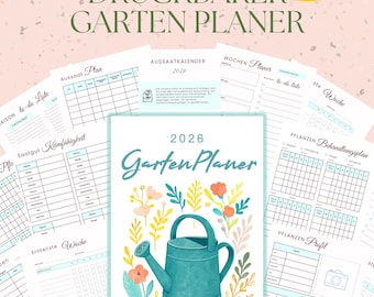 Puede incluir: Un conjunto de páginas imprimibles de planificador de jardín. La imagen central presenta una regadera turquesa rodeada de flores coloridas. La portada dice "2026 Garten Planer". Otras páginas incluyen listas de tareas, calendarios de plantación y un calendario de semillas.