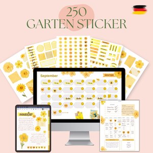 Könnte beinhalten: Eine Sammlung gelber und weißer Aufkleber, digitale Planerseiten und ein Computermonitor mit einem Kalender. Der Text "250 GARTEN STICKER" steht oben. Ein Tablet zeigt eine Novemberseite mit floralen Akzenten.