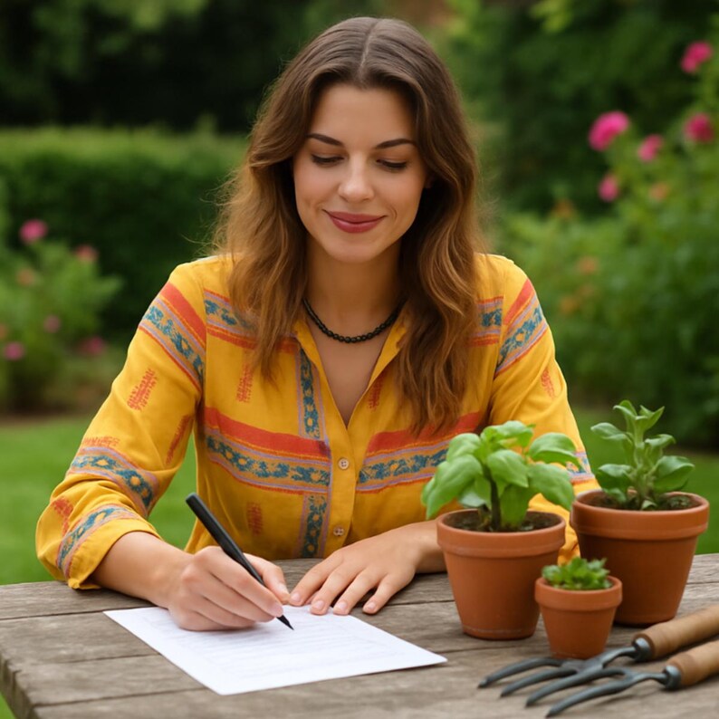 Puede incluir: Una persona escribe en una hoja de papel blanca en una mesa de madera. Lleva una camisa amarilla con rayas naranjas y azules. Peque&ntilde;as macetas de terracota con plantas y herramientas de jardiner&iacute;a est&aacute;n sobre la mesa.
