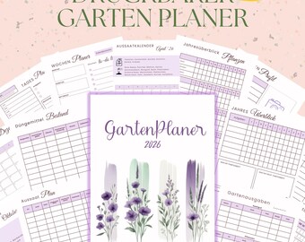Puede incluir: Un conjunto de páginas imprimibles de planificador de jardín con un fondo rosa suave. La portada presenta el texto "GartenPlaner 2026" con diseños florales de acuarela. Otras páginas incluyen secciones para la planificación semanal, la plantación y el seguimiento de fertilizantes.
