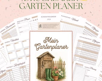 Puede incluir: Un conjunto de páginas imprimibles de planificador de jardín. La portada presenta una ilustración de acuarela de un cobertizo de jardín, botas verdes y flores. El texto incluye "Mein Gartenplaner" y "2026". Otras páginas incluyen calendarios.