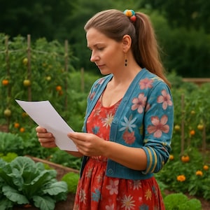 Puede incluir: Una mujer en un jard&iacute;n con un vestido floral rojo y una rebeca turquesa con dise&ntilde;os florales rosas. Sostiene un papel blanco, con un jard&iacute;n de tomates y otras plantas al fondo.
