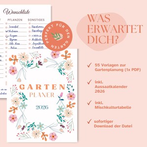 Puede incluir: Un planificador de jard&iacute;n digital para 2026 con un borde floral de flores rosas, naranjas y verde azulado. La portada muestra el texto GARTEN PLANER 2026. Una p&aacute;gina separada muestra una lista de verificaci&oacute;n titulada Wunschliste con columnas.