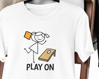 PLAY ON Stick Figure Girl Cornhole Shirt | Gildan 64000 |  Minimal Cornhole Graphic Tee