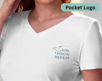 AIM THROW REPEAT Cornhole V-Neck | Bella Canvas | Modern Pocket Logo Tee, Women's Game Day Shirt