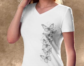 Vertical Butterfly V-Neck | Bella+Canvas 3005 | Nature Lovers Tee, Modern Art Shirt for Women