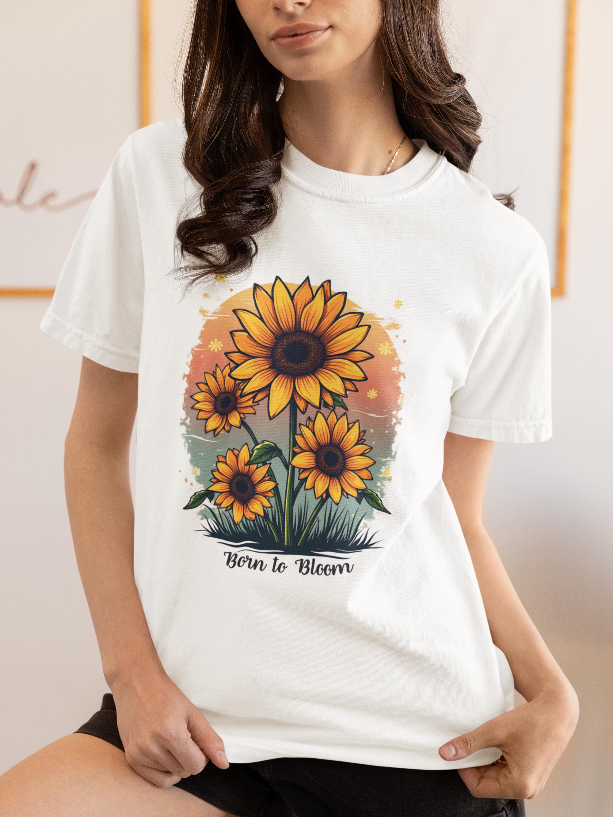 ひまわりグラフィックTシャツ:コンフォートカラーの ひまわりグラフィックTシャツ:コンフォートカラーの
