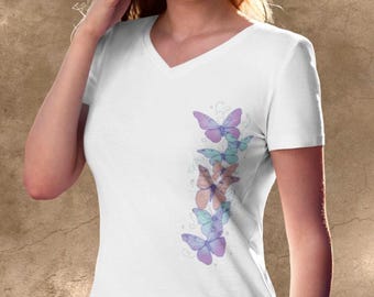 Pastel Butterfly V-Neck Tee | Bella Canvas 3005 | Soft Modern Art Shirt for Women