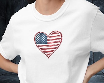 Distressed Flag Heart Shirt | Bella Canvas 3001 | Modern Patriotic 4th of July Tee