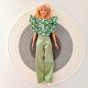 Ruffle Blouse or Wide Satin Pants – Elegant Green Outfit for 11 and 11.5&quot; Dolls