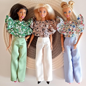 1/6 Scale Doll Clothes Set – Handmade Ruffled Blouse and Wide-Leg Pants