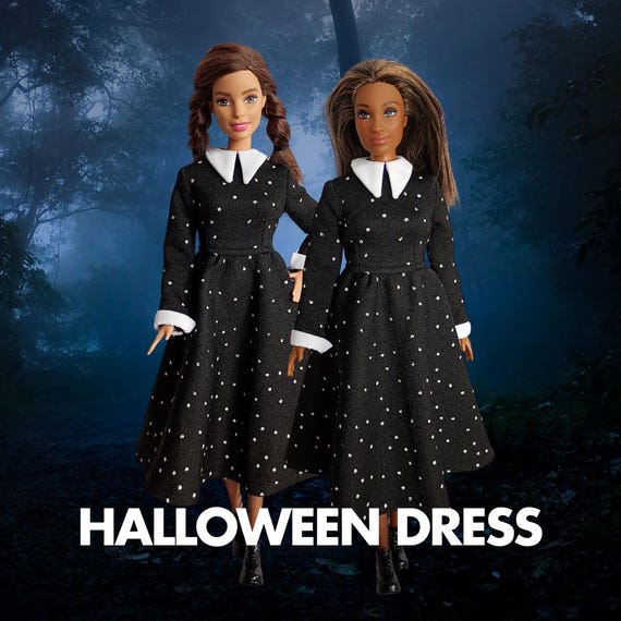 Spooky Black Dress for Dolls  Handmade Gothic Clothing with White Collar