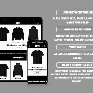 May include: A digital mockup of a website displayed on a tablet and smartphone. The website features black t-shirts, sweatshirts, and hoodies. Text on the screen reads "The Essentials of Style" and "New collection". Additional text describes the website's features.