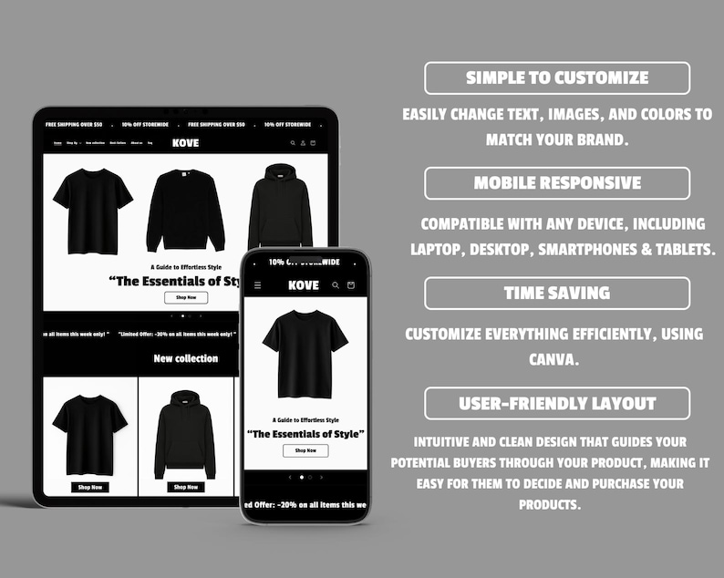 May include: A digital mockup of a website displayed on a tablet and smartphone. The website features black t-shirts, sweatshirts, and hoodies. Text on the screen reads "The Essentials of Style" and "New collection". Additional text describes the website's features.