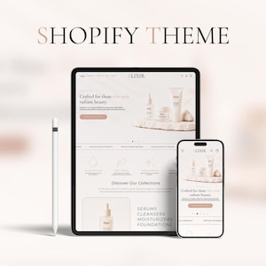 May include: A tablet and a smartphone displaying a website titled Elixir, featuring skincare products and the text Crafted for those who seek radiant beauty, alongside a white stylus. The screen shows sections for serums, cleansers, moisturizers, and foundations.