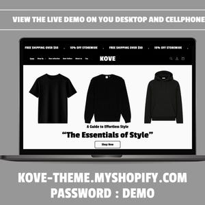 May include: A laptop displays a website showcasing black apparel: a t-shirt, a sweatshirt, and a hoodie. The website's banner reads "FREE SHIPPING OVER $50" and "10% OFF STOREWIDE." The text "The Essentials of Style" is also visible. The website address and password are displayed below.