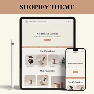 Peut inclure: Maquette numérique d'un thème Shopify pour une entreprise de bougies, affichée sur une tablette et un smartphone. Le site Web présente des bougies de soja naturelles avec des images de produits et le texte "SHOPIFY THEME". Un stylet blanc est positionné à gauche.
