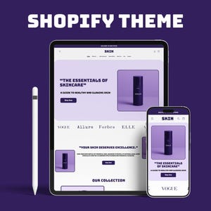 Op de afbeelding: Een digitale mockup van een Shopify-thema voor een huidverzorgingsmerk, weergegeven op een tablet en smartphone. Het thema heeft een paars en wit kleurenschema, met productafbeeldingen en tekst. Een witte stylus is links geplaatst.