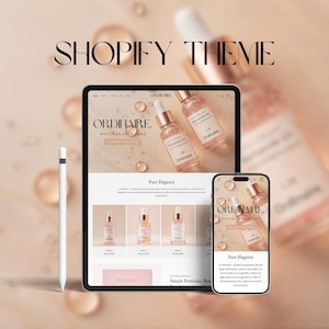 May include: A digital mockup showcasing a Shopify theme. A tablet and smartphone display a skincare website with product images and the text "ORDINAIRE NATURAL SKINCARE". A white stylus is positioned to the left. The background is a soft peach color.
