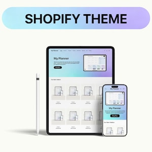 Op de afbeelding: Een digitale mockup van een Shopify-thema. De afbeelding toont een tablet en smartphone met een website-interface met de tekst "My Planner". Een witte stylus is links geplaatst. De woorden "Shopify Theme" staan bovenaan.