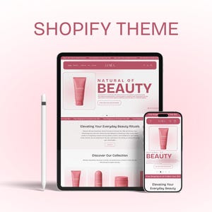 May include: A digital mockup of a Shopify theme for beauty products, displayed on a tablet and smartphone. The website design uses a pink and white colour scheme. The text "SHOPIFY THEME" is displayed at the top of the image.