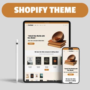 Puede incluir: Maqueta digital de un tema de Shopify en una tableta y un teléfono inteligente. El tema presenta un diseño de sitio web de libros electrónicos, con portadas de libros electrónicos, un cuenco marrón y el texto "Unlock New Worlds with Our eBooks". También hay un lápiz óptico blanco.