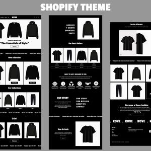 May include: A Shopify theme mockup featuring a black and white website design. The website showcases various clothing items, including t-shirts, hoodies, and pants. Text includes "KOVE", "The Essentials of Style", and "Sale!".