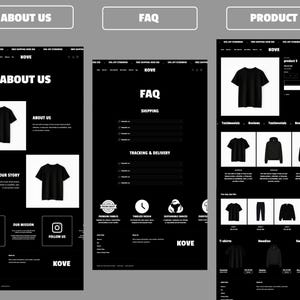 May include: A black and white website design featuring the text "ABOUT US", "FAQ", and "PRODUCT". The website showcases black t-shirts and other apparel. The brand name "KOVE" is displayed throughout the design.