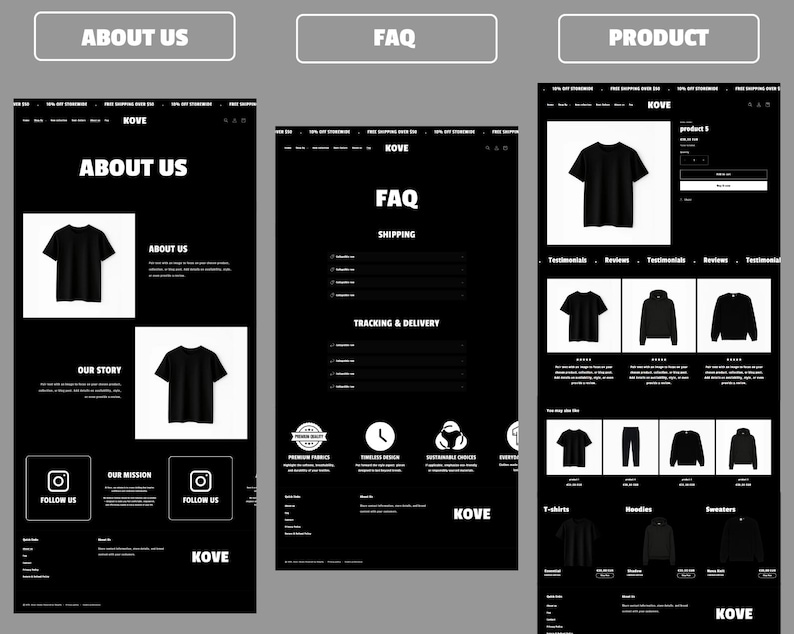 May include: A black and white website design featuring the text "ABOUT US", "FAQ", and "PRODUCT". The website showcases black t-shirts and other apparel. The brand name "KOVE" is displayed throughout the design.