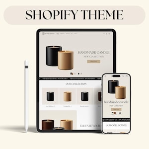 May include: A digital mockup showcasing a Shopify theme on a tablet and smartphone. The theme features a website for handmade candles, with a neutral color palette and product displays. A white stylus is positioned to the left. Text includes "SHOPIFY THEME" and "HANDMADE CANDLE".