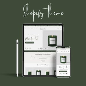 May include: A digital mockup of a Shopify theme, showcasing a website design on a tablet and smartphone. The theme features a green and white color scheme, with the text "Rose Candle" and product images of candles. A white stylus is also present.