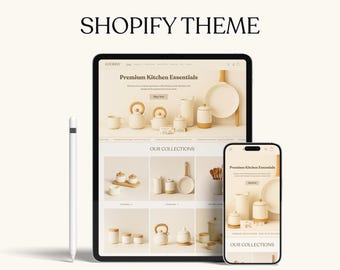Kitchen Shopify Template | Kitchen Utensil Website Template | Beige and White Shopify Theme | Minimalist Design Shop | Canva Banners