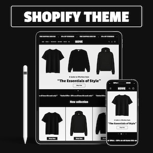Può includere: Un tema Shopify visualizzato su tablet e smartphone, che mostra il sito web di un negozio di abbigliamento. Il tema presenta magliette, felpe e felpe con cappuccio nere. Il testo "SHOPIFY THEME" è in alto.