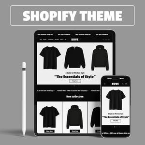 Peut inclure: Maquette numérique d'un thème Shopify, présentant la conception d'un site web de magasin de vêtements sur une tablette et un smartphone. Le thème présente des vêtements noirs, dont des t-shirts et des sweats à capuche, avec le texte "The Essentials of Style."