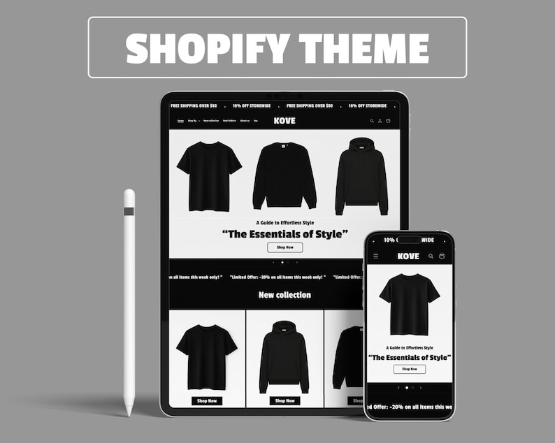 May include: A digital mockup of a Shopify theme, showcasing a clothing store's website design on a tablet and smartphone. The theme features black apparel, including t-shirts and hoodies, with the text "The Essentials of Style."