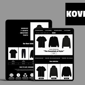 May include: Two black tablets displaying a clothing brand's website. The website showcases black t-shirts, hoodies, and sweaters. The brand's logo, "KOVE," is in a white font on a black square. Text on the screen reads "The Essentials of Style."
