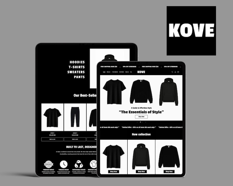 May include: Two black tablets displaying a clothing brand's website. The website showcases black t-shirts, hoodies, and sweaters. The brand's logo, "KOVE," is in a white font on a black square. Text on the screen reads "The Essentials of Style."