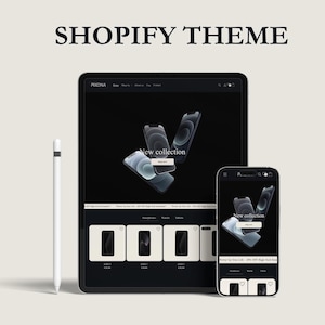 Könnte beinhalten: Digitales Mockup eines Shopify-Themas, das auf einem Tablet und Smartphone angezeigt wird. Die Bildschirme zeigen eine Website mit schwarzem Hintergrund und Telefonbildern. Ein weißer Stift befindet sich links. Der Text "SHOPIFY THEME" steht oben.