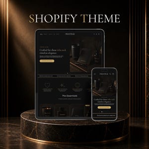 Könnte beinhalten: Ein Tablet und ein Smartphone zeigen ein dunkel gestaltetes Shopify-Theme namens Prestige mit goldenem Text und Akzenten. Die Bildschirme zeigen Produktbilder sowie den Text Crafted for those who seek timeless elegance und The Essentials.