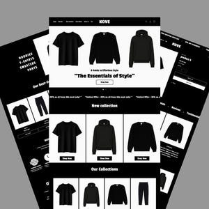 May include: A black and white website mockup showcasing clothing items. The website displays t-shirts, sweatshirts, and hoodies. Text on the website includes "The Essentials of Style" and "New collection."