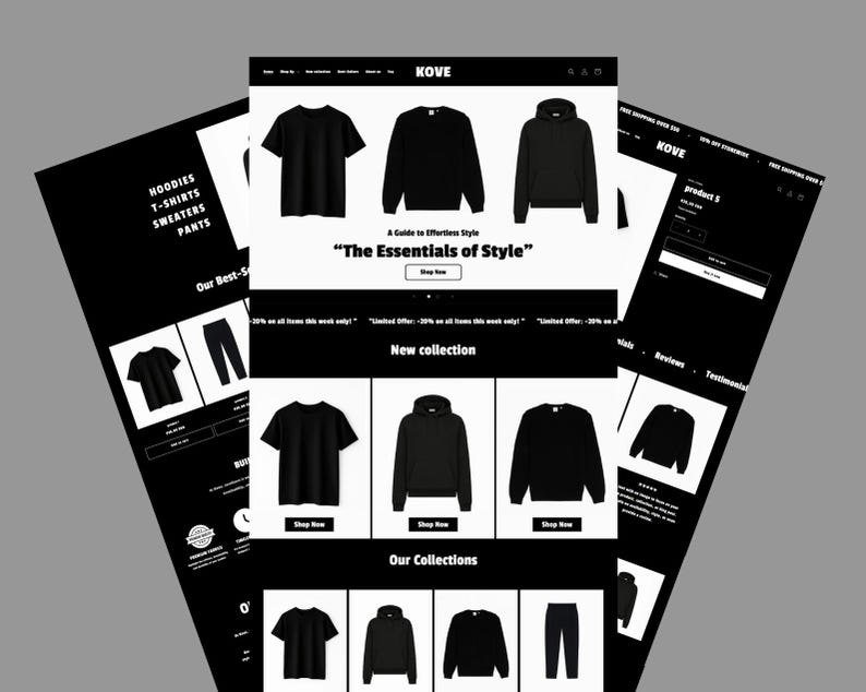 May include: A black and white website mockup showcasing clothing items. The website displays t-shirts, sweatshirts, and hoodies. Text on the website includes "The Essentials of Style" and "New collection."