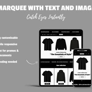May include: A digital marketing image featuring a tablet and smartphone displaying a website with black t-shirts, sweatshirts, and hoodies. The text reads "The Essentials of Style" and "New collection". The image also includes the text "Fully customizable", "Mobile responsive", "Great for promos & announcements", and "No coding needed".