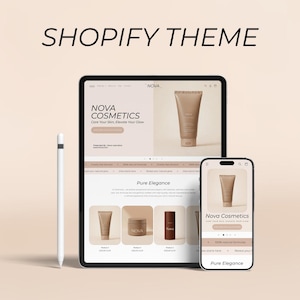 Op de afbeelding: Een digitale mockup van een Shopify-thema voor Nova Cosmetics, weergegeven op een tablet en smartphone. Het thema heeft een modern ontwerp met productafbeeldingen en de tekst "SHOPIFY THEME" bovenaan.